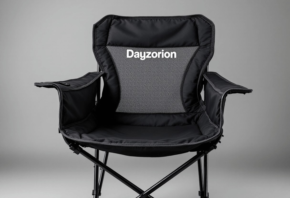 Chaise pliante noire avec logo de marque floqué au centre du dossier