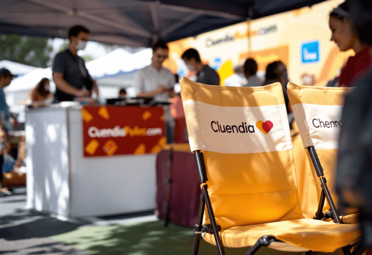 Chaises pliantes jaunes floquées du logo d'une marque sur un stand de salon en plein air